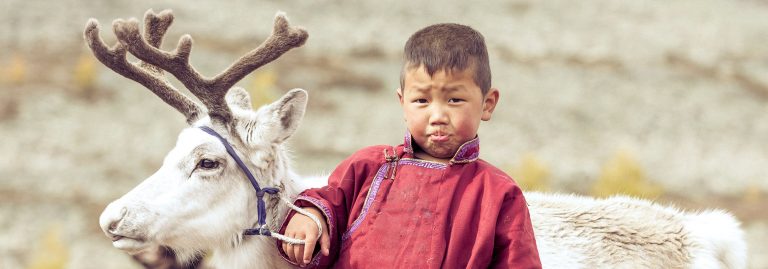 Nomadic Tsaatan child with baby reindeer in north Mongolia