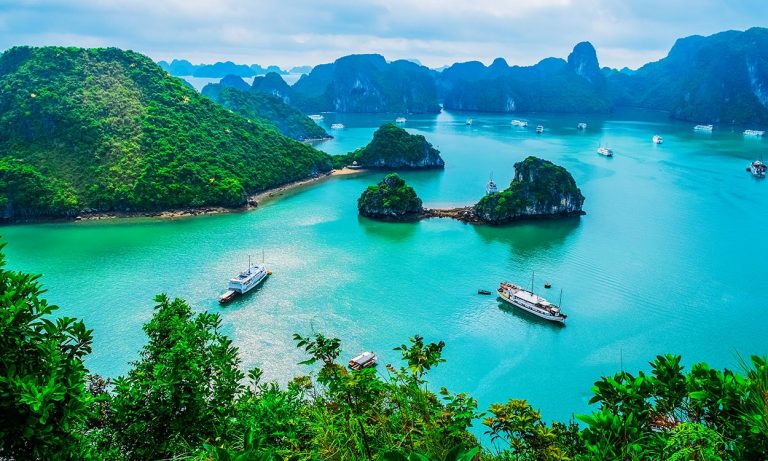 Scenic view of islands in Halong Bay, Vietnam