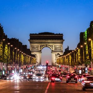 Avenue des Champs-Élysées and Arc de Triomphe at night, Paris, France
