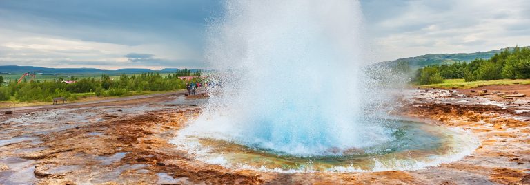 Eruption of Strokkur Geysir, Golden Circle route, Iceland
