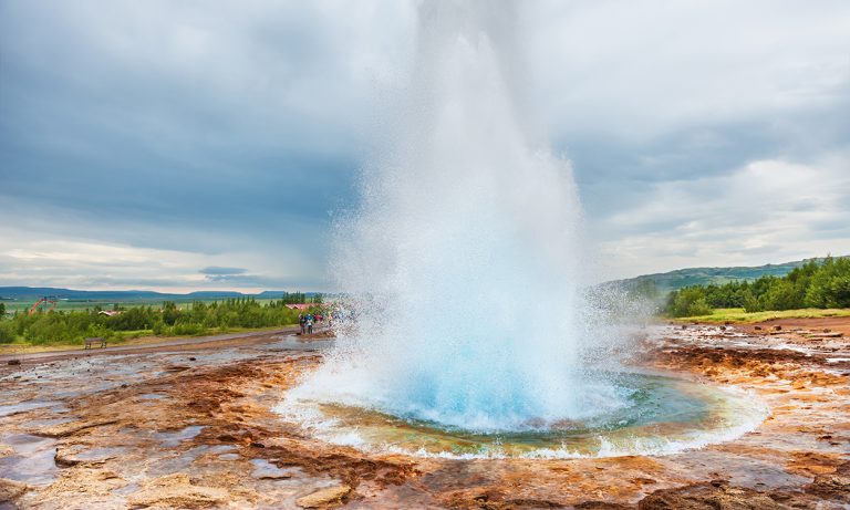 Eruption of Strokkur Geysir, Golden Circle route, Iceland