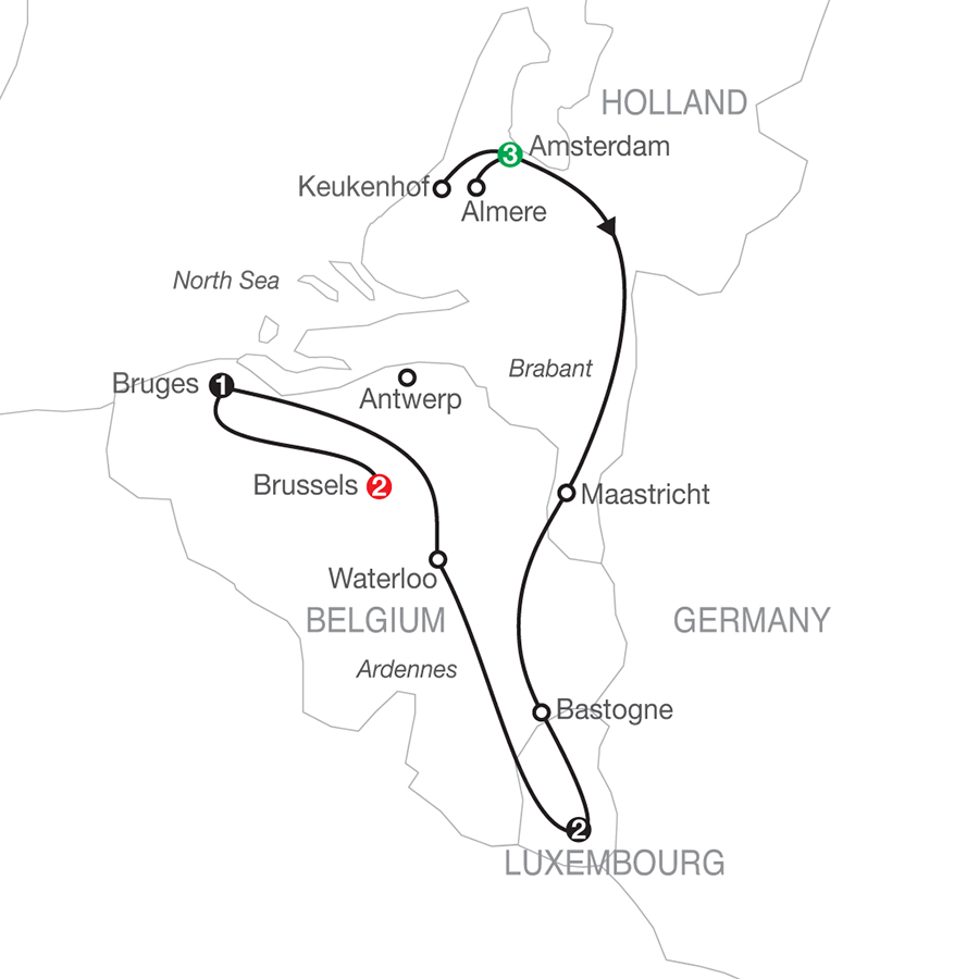 Map of Holland, Luxembourg & Belgium Tour