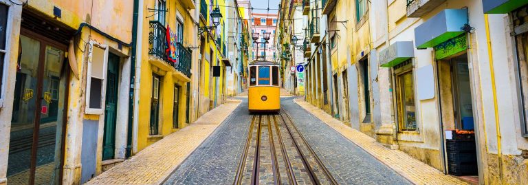 Tram in historic centre of Lisbon, Portugal
