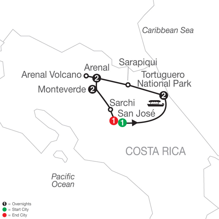 Map of Natural Wonders of Costa Rica Tour