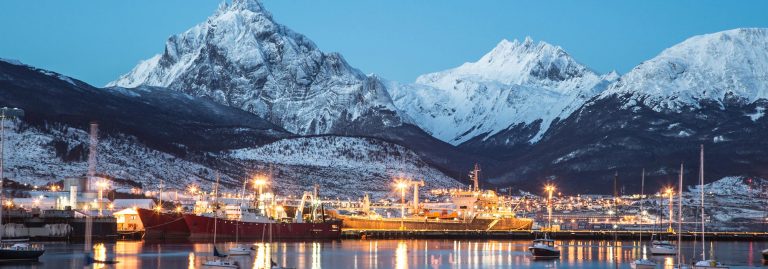 Ushuaia at night, southernmost city in the world in Patagonia, Argentina