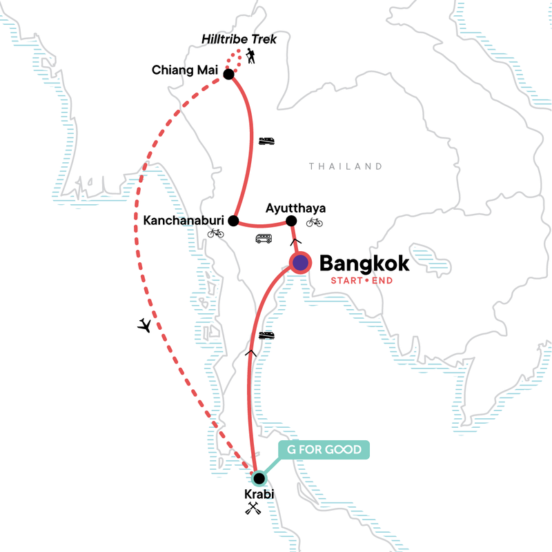 Map of Thailand Hike Bike & Kayak Tour