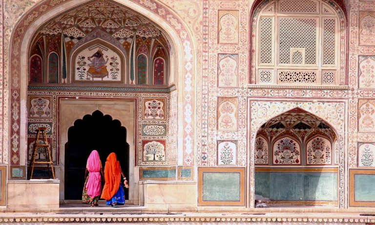Two women walking in the Amber Fort, Jaipur
