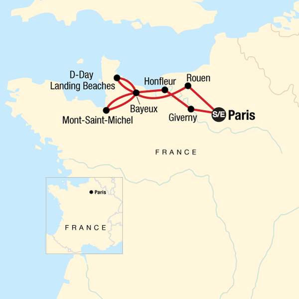 Map of Paris & Normandy Highlights Tour