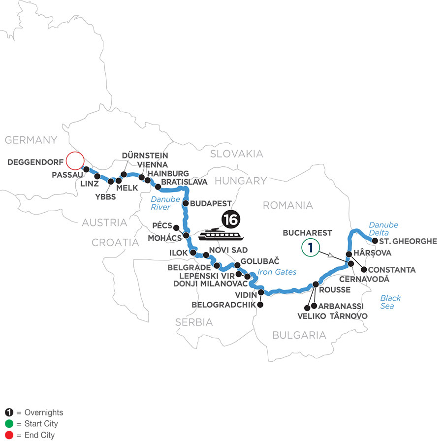 Map of The Danube - Black Seas to Germany river cruise