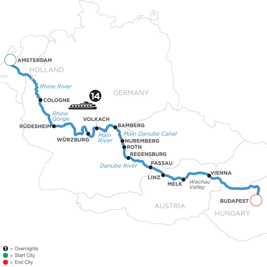 Map of Magnificent Europe river cruise, Avalon Waterways