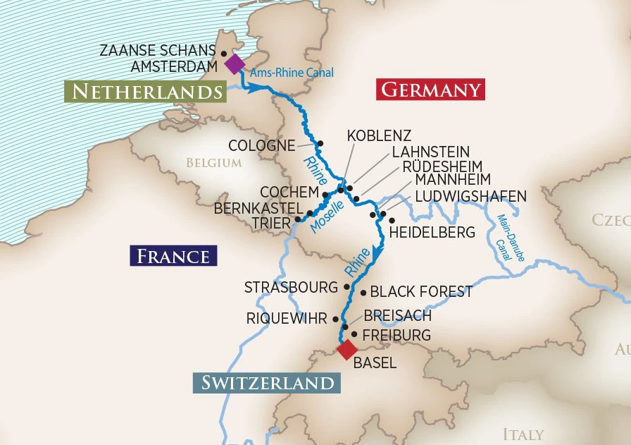 Map of Rhine & Moselle Fairytales river cruise