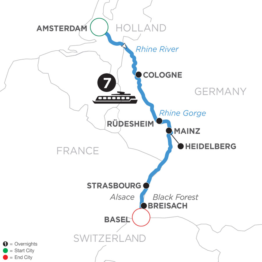 Map of Romantic Rhine river cruise, Avalon Waterways