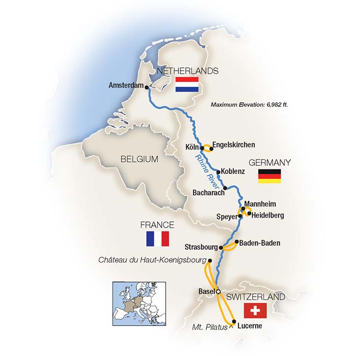Map of Romantic Rhine Basel to Amsterdam river cruise
